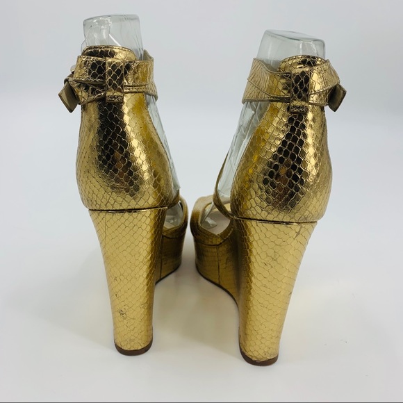 Michael Kors Gold Metallic Snakeskin Sandal Wedges - Picture 6 of 8